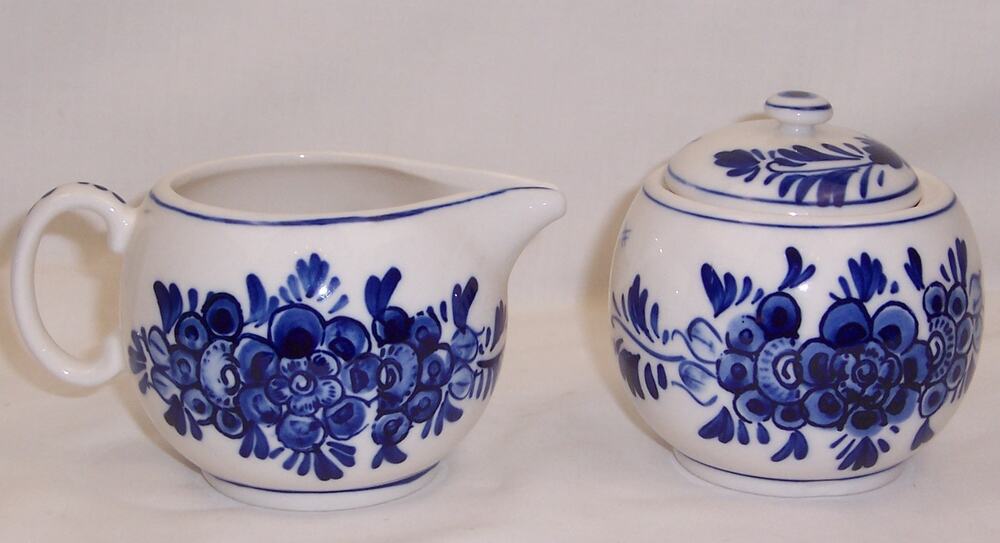 Vintage Handpainted Delft Blue Sugar Bowl Creamer Set DAIC Dutch Floral Folk Art